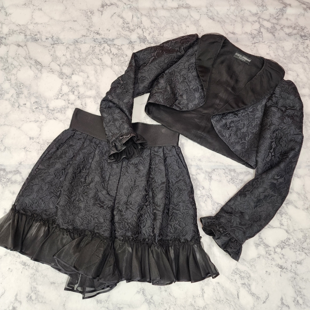 Dolce & Gabbana Black Jacquard Ruffled Bolero Jacket & Ruffle Shorts Set